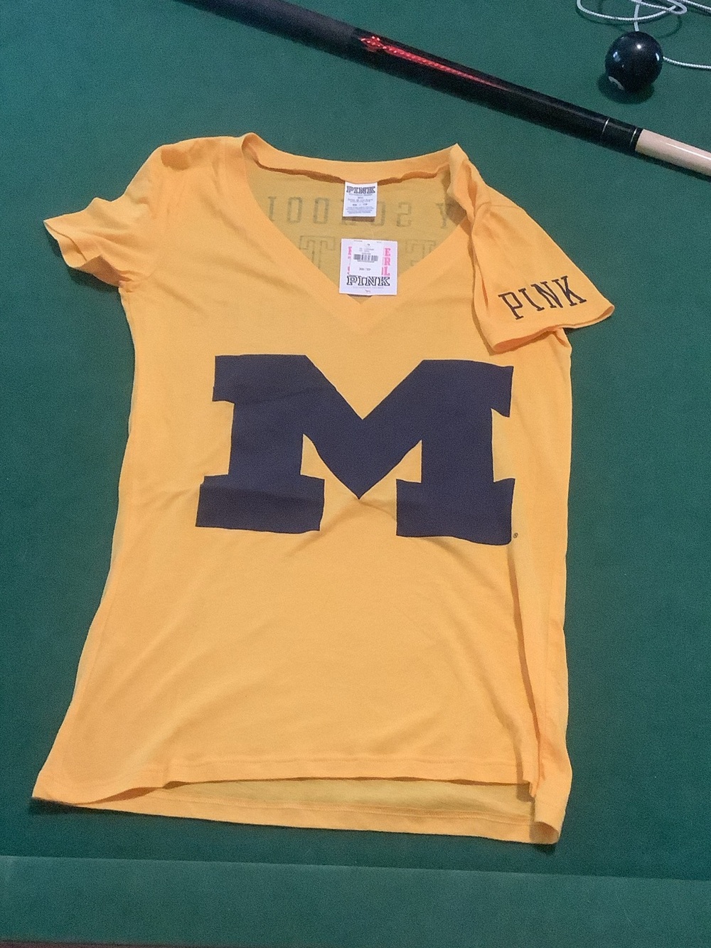 VS PINK NEW - Sz XS - V-neck Tee 'M' & on back: my school is better than yours